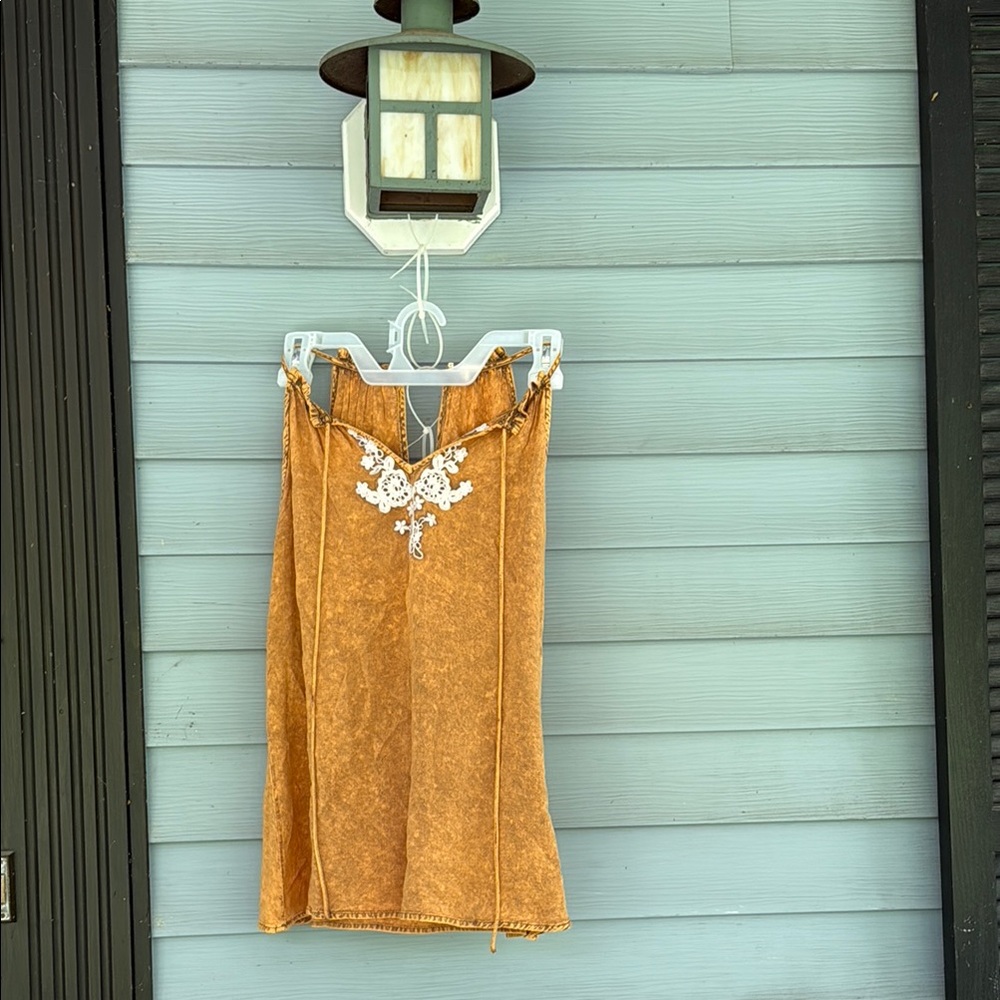 Tan String Top with White Embroidery.